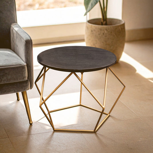Black Round Marble Top Coffee Table with Matte Gold Finish Geometric Metal Frame, Varana