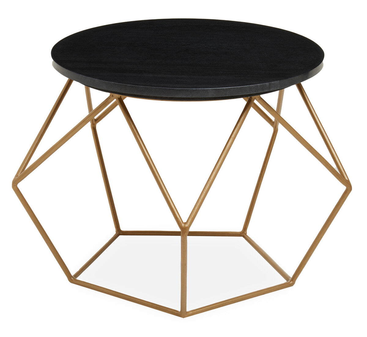 Black Round Marble Top Coffee Table with Matte Gold Finish Geometric Metal Frame | Varana