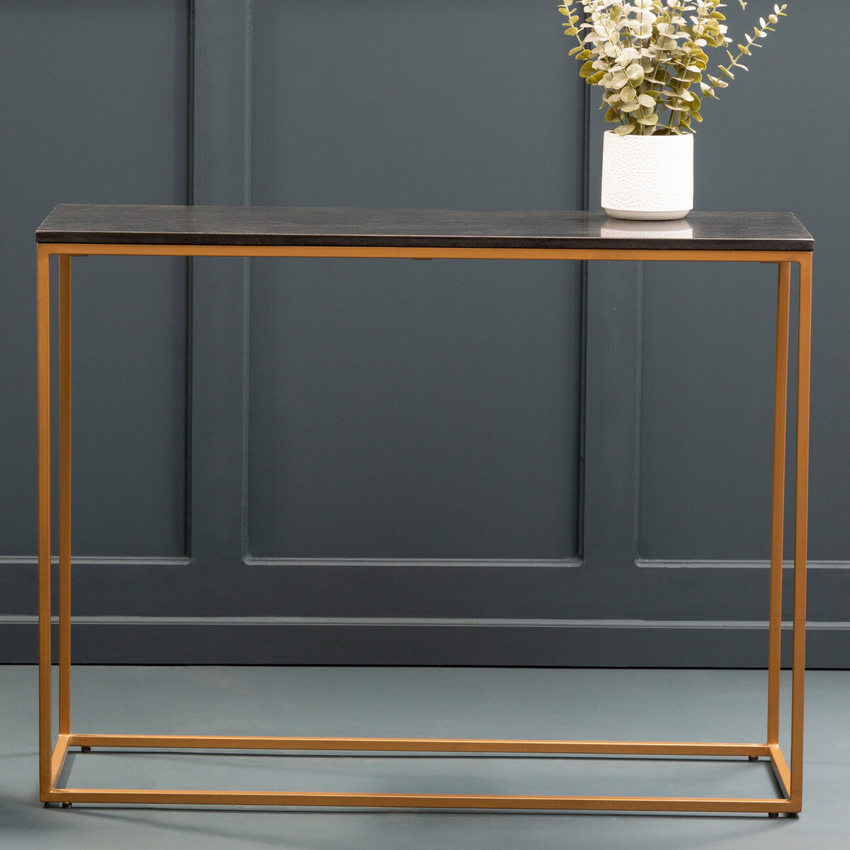 Varana Black Marble Top Console Table With Gold Iron Frame