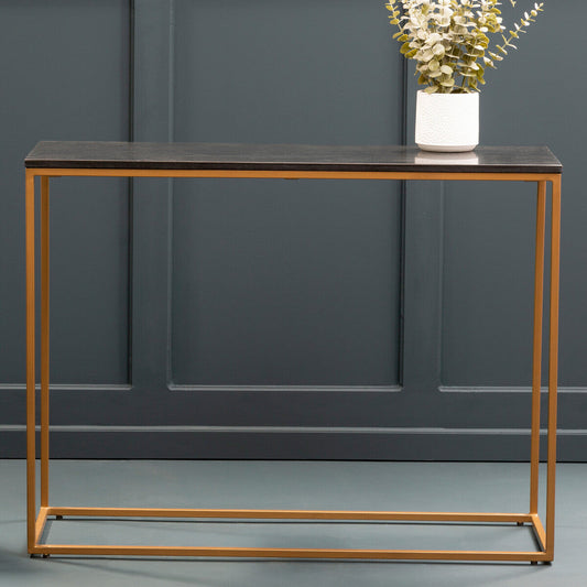 Black Marble Top Console Table with Matte Gold Metal Frame, Varana