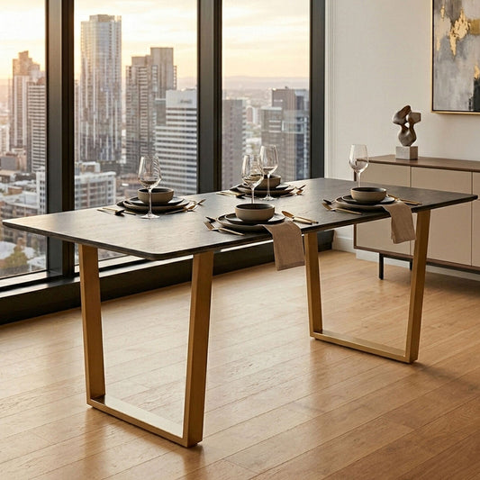 Black Marble Rectangular Dining Table with Geometric Gold Finish Steel Base | Varana