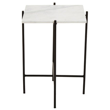 White Marble Square Top Side Table with Sleek Black Iron Base, Mandoli