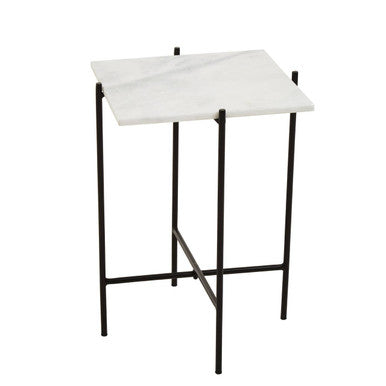 White Marble Square Top Side Table with Sleek Black Iron Base, Mandoli