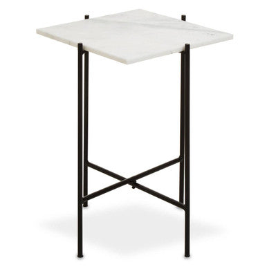White Marble Square Top Side Table with Sleek Black Iron Base, Mandoli