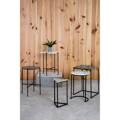 White Marble Square Top Side Table with Sleek Black Iron Base, Mandoli