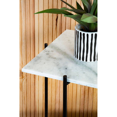 White Marble Square Top Side Table with Sleek Black Iron Base, Mandoli