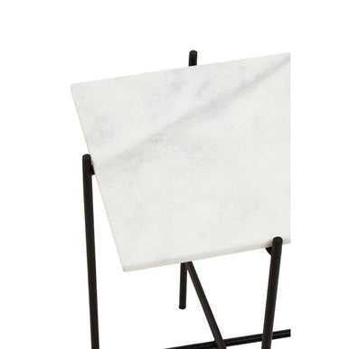 White Marble Square Top Side Table with Sleek Black Iron Base, Mandoli