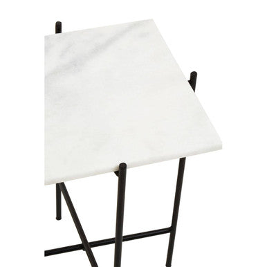 White Marble Square Top Side Table with Sleek Black Iron Base, Mandoli