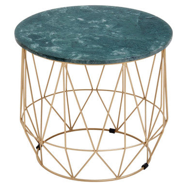 Green Marble Round Top Side Table with Sleek Cage Style Gold Metal Frame | Mandoli