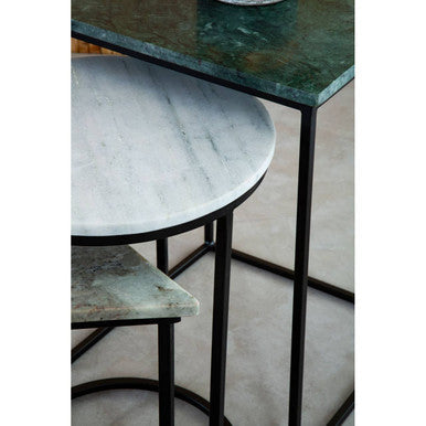 Marble Top Nest of 3 Tables with Black Metal Bases in Assorted Tones and Shapes | Mandoli