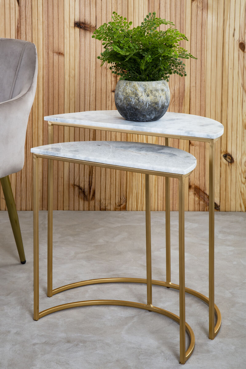 Mandoli Nest Of 2 White Marble Top Semicircular Side Tables