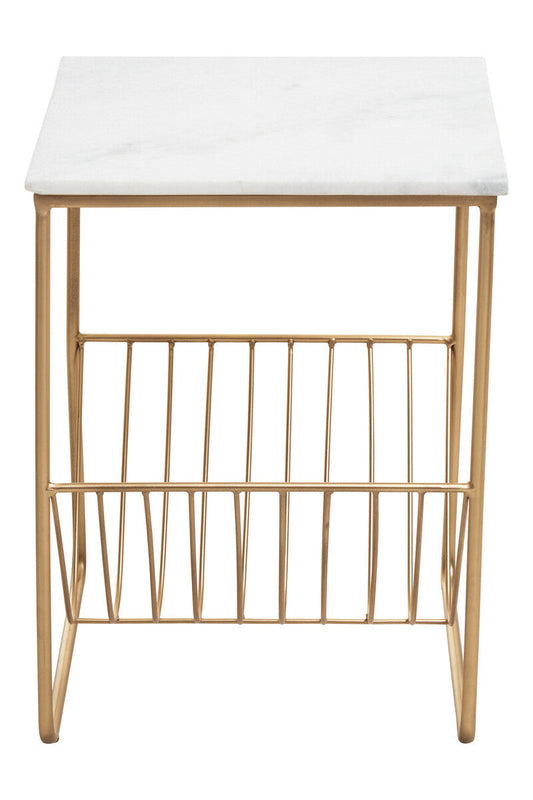 White Marble Top Side Table with Interconnected Gold Metal Frame and Open Rack Storage, Mandoli