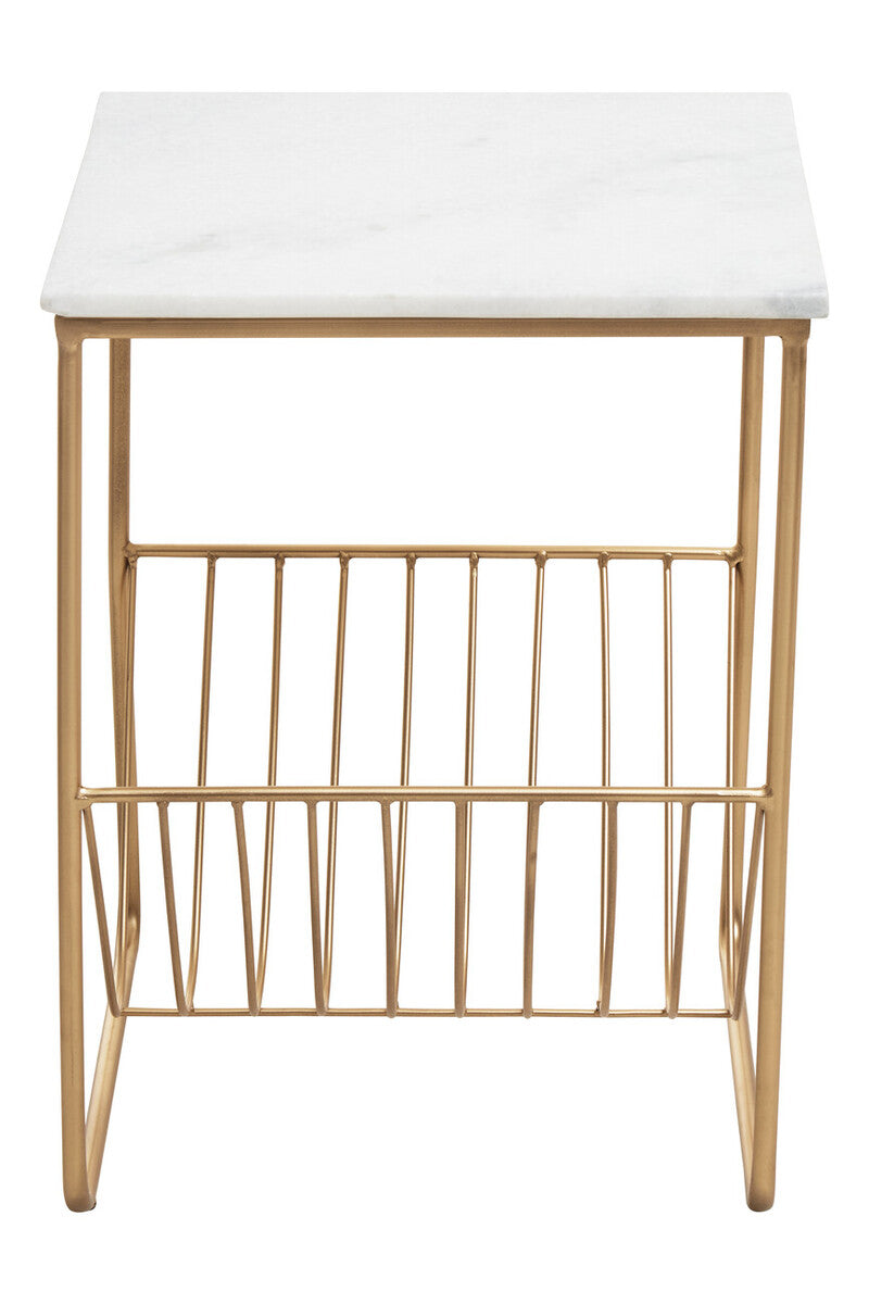 White Marble Top Side Table with Interconnected Gold Metal Frame and Open Rack Storage, Mandoli