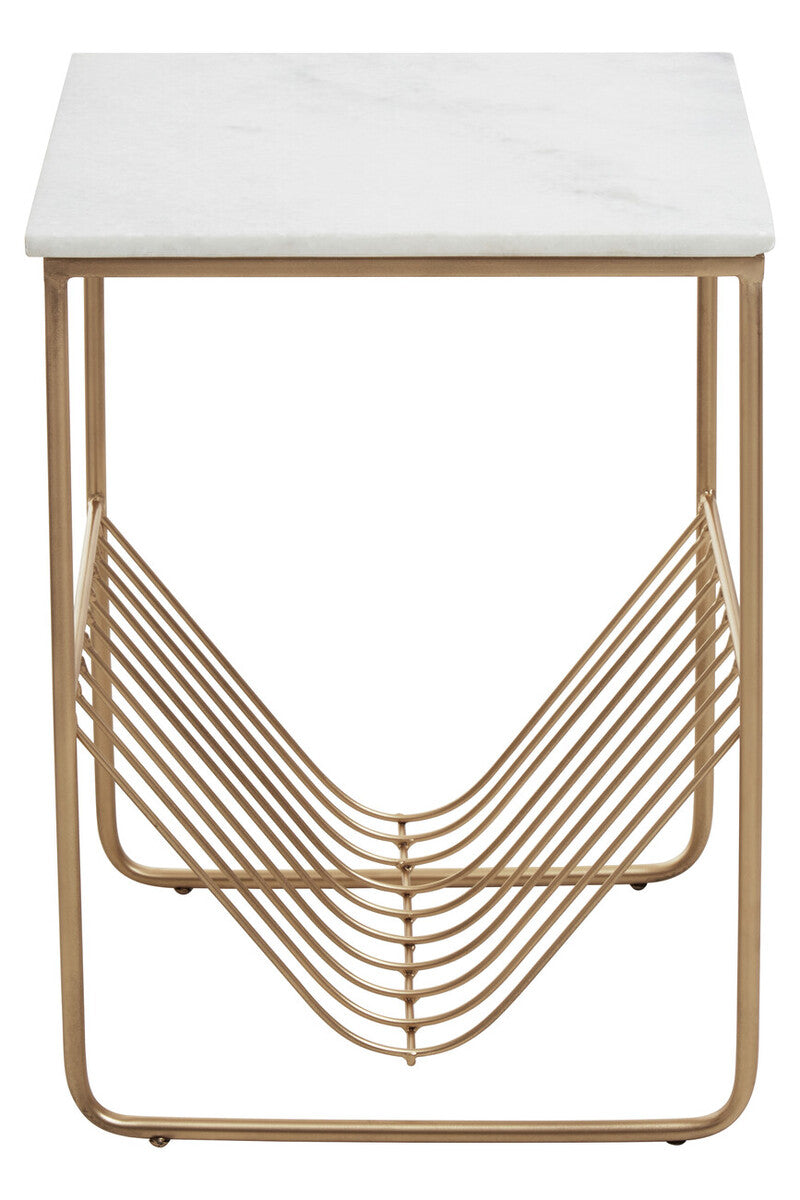 White Marble Top Side Table with Interconnected Gold Metal Frame and Open Rack Storage, Mandoli