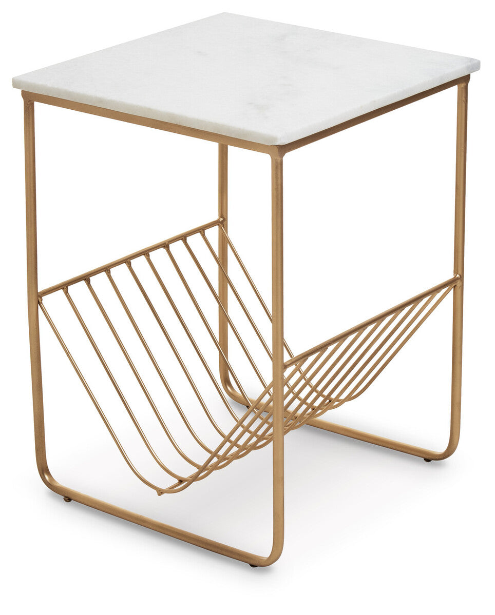 White Marble Top Side Table with Interconnected Gold Metal Frame and Open Rack Storage, Mandoli