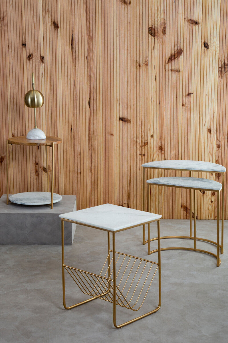 White Marble Top Side Table with Interconnected Gold Metal Frame and Open Rack Storage, Mandoli