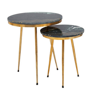 Green Marble Top Set of 2 Round Side Tables | Nirav