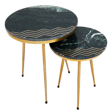Green Marble Top Set of 2 Round Side Tables | Nirav