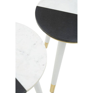 Set of 2 Black & White Marble Side Tables with White Legs and Gold Base Detailing | Nirav