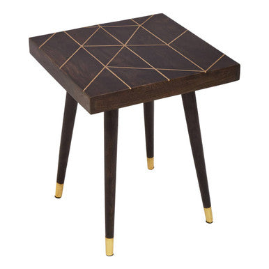 Dark Brown Mango Wood Square Side Table with Gold Tip Legs | Naro
