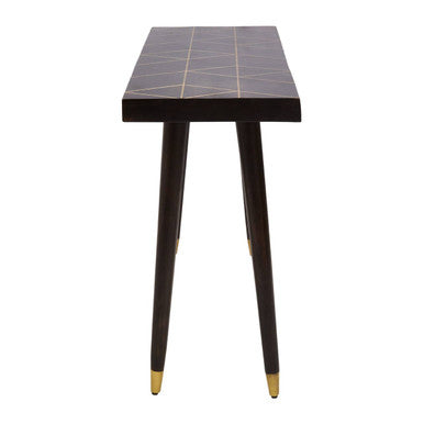 Brown Mango Wood Rectangular Console Table with Gold Tip Legs and Geometric Gold Lines on Top | Naro