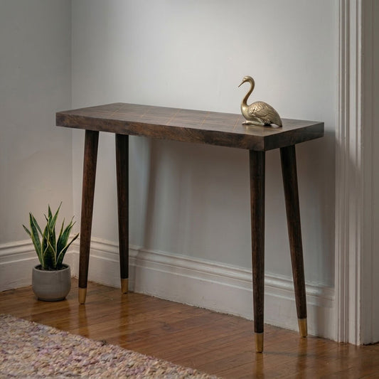 Brown Mango Wood Rectangular Console Table with Gold Tip Legs and Geometric Gold Lines on Top | Naro