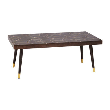 Brown Mango Wood Rectangular Coffee Table with Gold Tip Legs and Geometric Gold Lines on Top | Naro