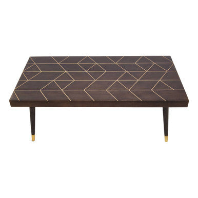 Brown Mango Wood Rectangular Coffee Table with Gold Tip Legs and Geometric Gold Lines on Top, Naro