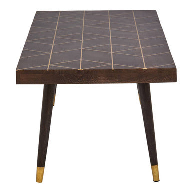 Brown Mango Wood Rectangular Coffee Table with Gold Tip Legs and Geometric Gold Lines on Top, Naro