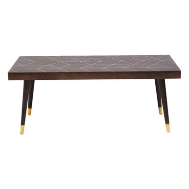 Brown Mango Wood Rectangular Coffee Table with Gold Tip Legs and Geometric Gold Lines on Top | Naro