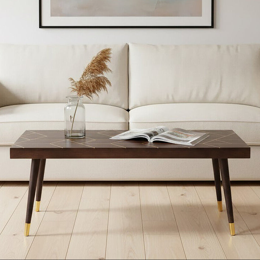 Brown Mango Wood Rectangular Coffee Table with Gold Tip Legs and Geometric Gold Lines on Top, Naro