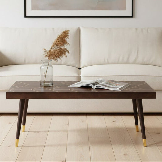 Brown Mango Wood Rectangular Coffee Table with Gold Tip Legs and Geometric Gold Lines on Top, Naro