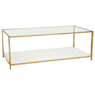 Glass Top Coffee Table with White Terrazzo Effect Shelf and Gold Metal Frame | Novi