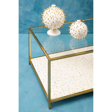 Glass Top Coffee Table with White Terrazzo Effect Shelf and Gold Metal Frame | Novi