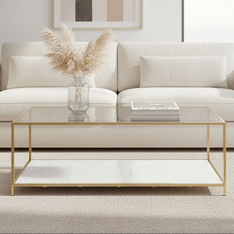 Glass Top Coffee Table with White Terrazzo Effect Shelf and Gold Metal Frame | Novi