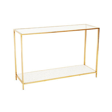 Glass Top Console Table with White Terrazzo Effect Shelf and Gold Metal Frame | Novi