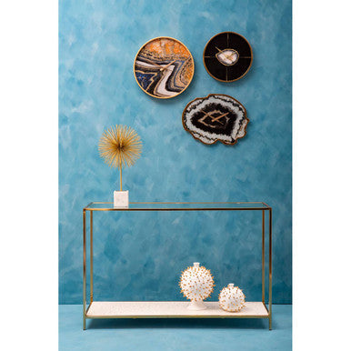 Glass Top Console Table with White Terrazzo Effect Shelf and Gold Metal Frame | Novi