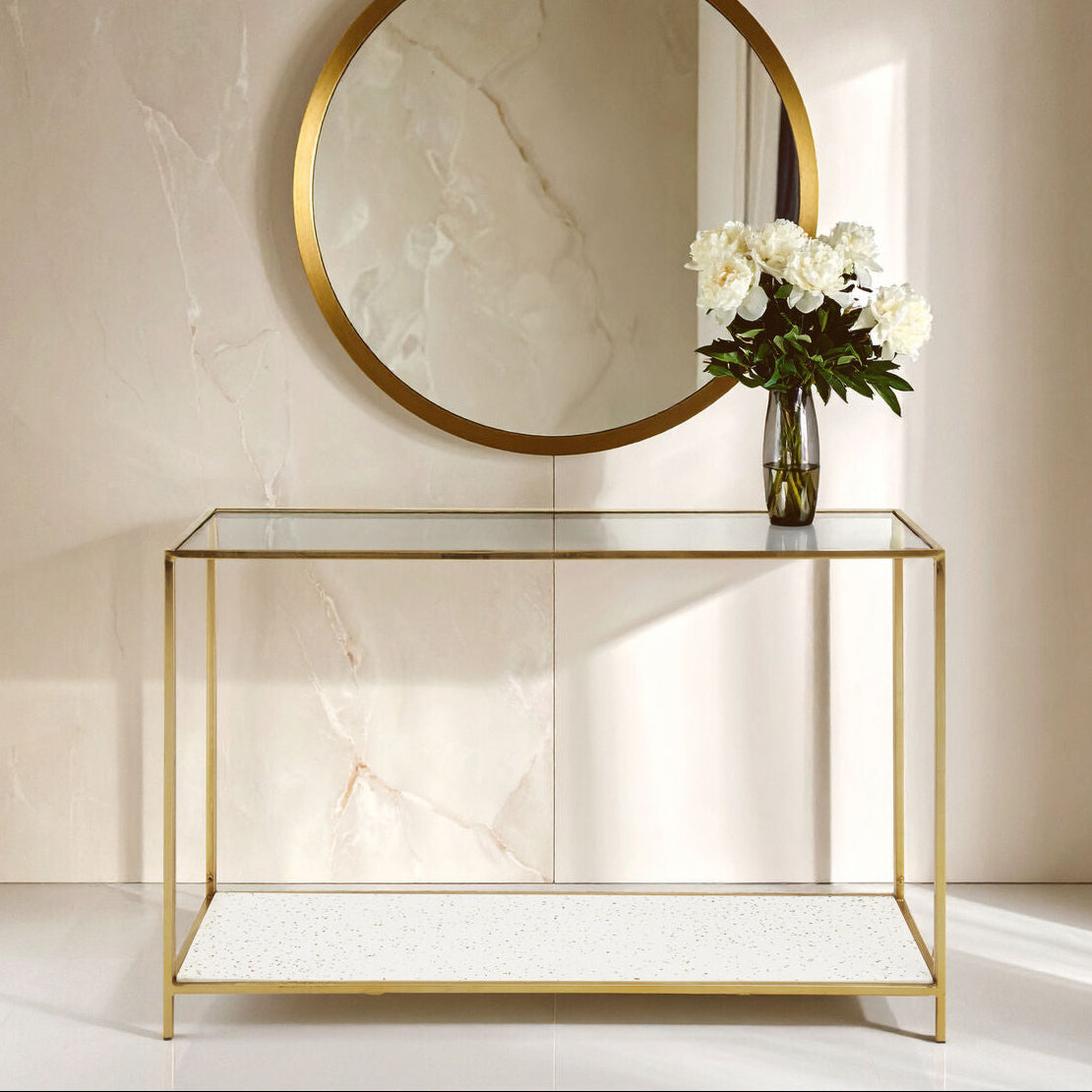 Glass Top Console Table with White Terrazzo Effect Shelf and Gold Metal Frame | Novi
