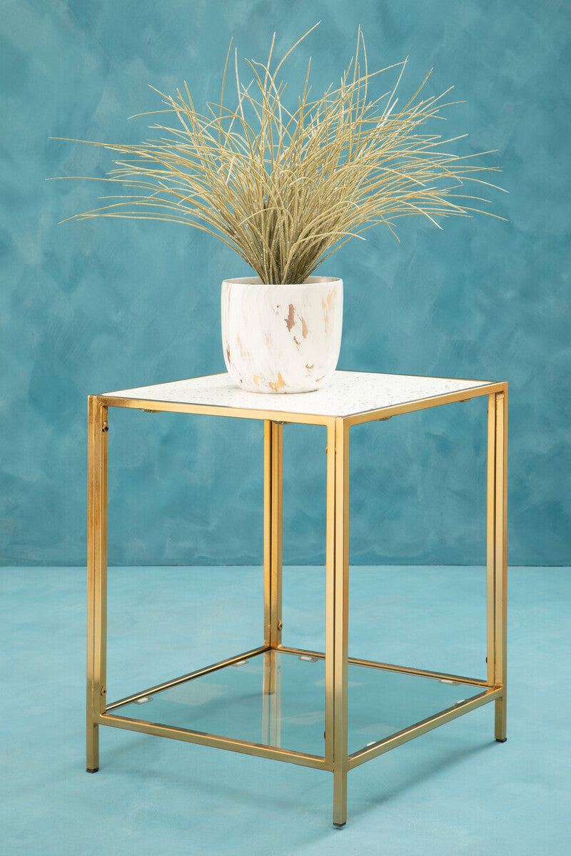 Glass Top Side Table with White Terrazzo Effect Shelf and Gold Metal Frame | Novi