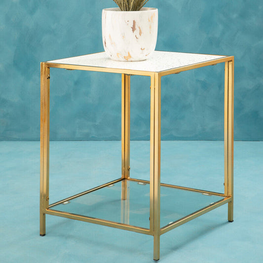 Glass Top Side Table with White Terrazzo Effect Shelf and Gold Metal Frame, Novi