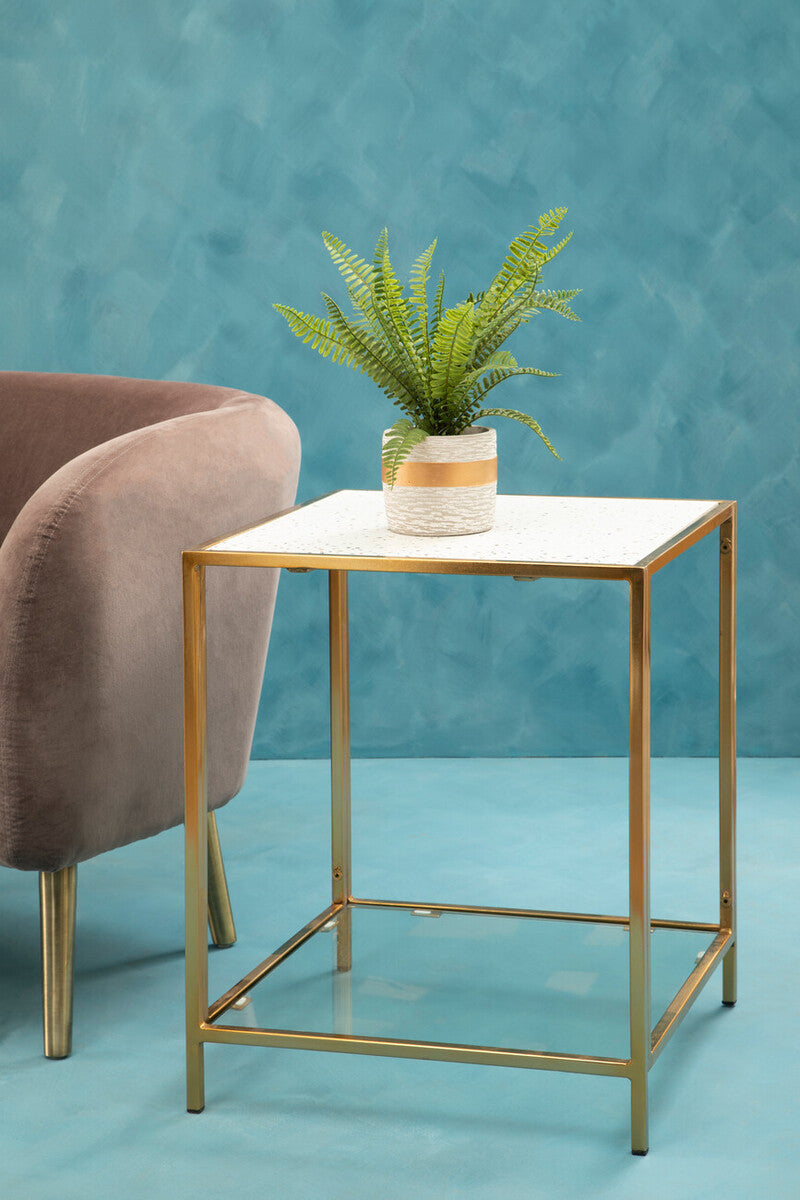 Glass Top Side Table with White Terrazzo Effect Shelf and Gold Metal Frame | Novi
