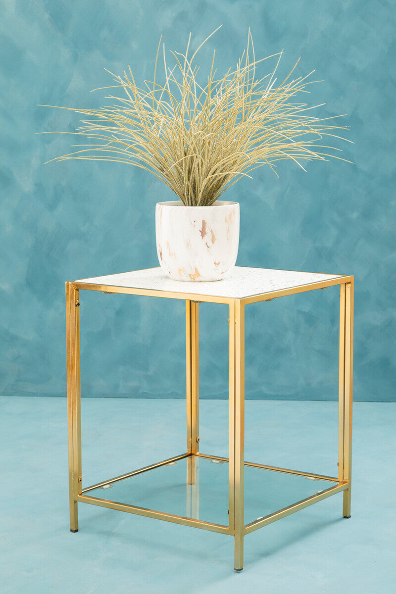 Glass Top Side Table with White Terrazzo Effect Shelf and Gold Metal Frame | Novi