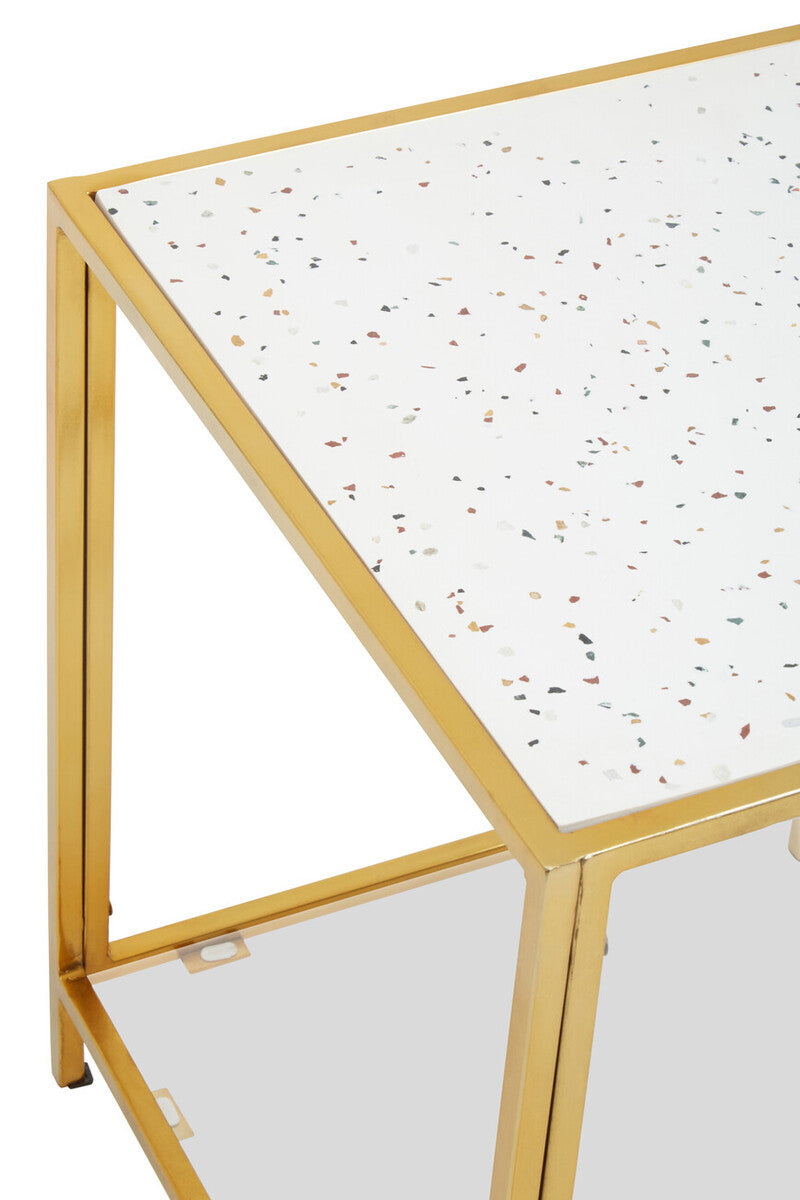 Glass Top Side Table with White Terrazzo Effect Shelf and Gold Metal Frame | Novi
