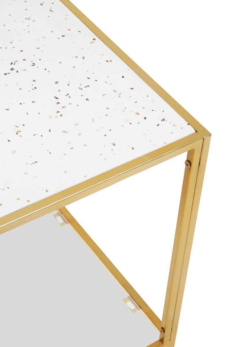 Glass Top Side Table with White Terrazzo Effect Shelf and Gold Metal Frame | Novi