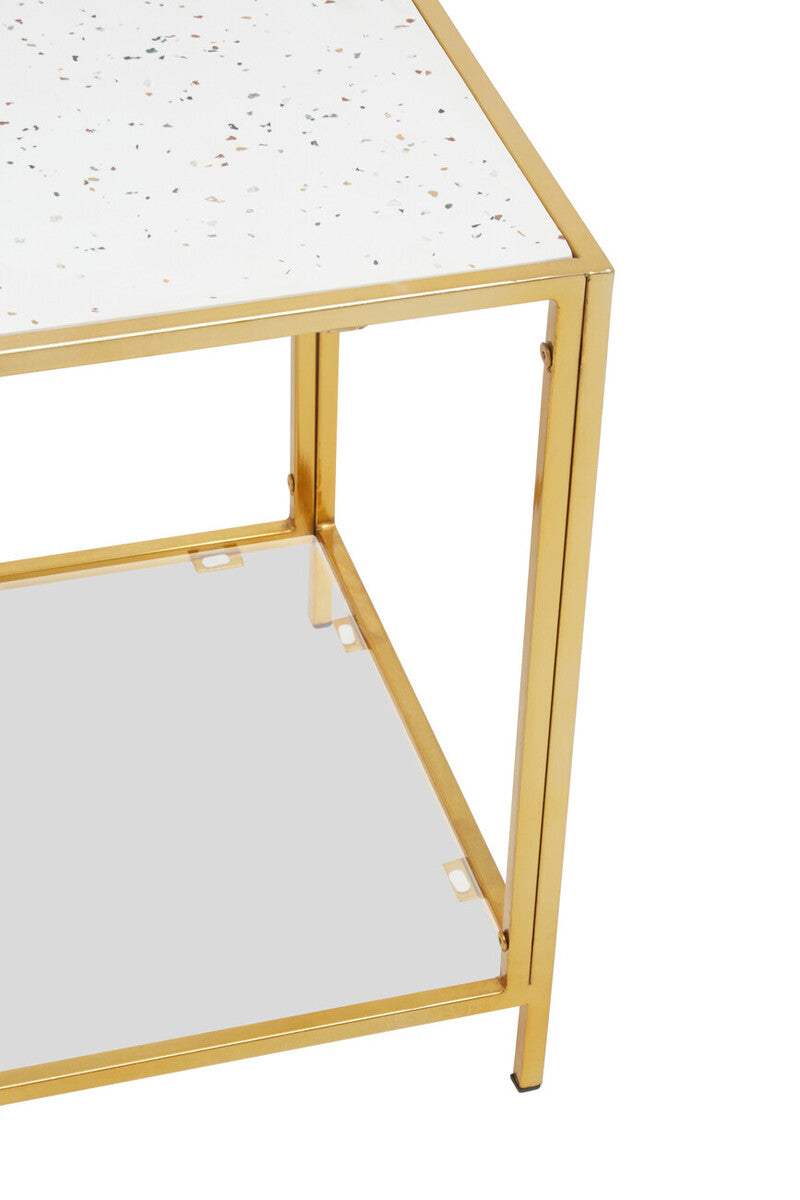 Glass Top Side Table with White Terrazzo Effect Shelf and Gold Metal Frame | Novi