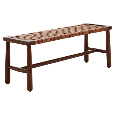 Inca Tan Leather Lattice Design Bench with Wood Frame