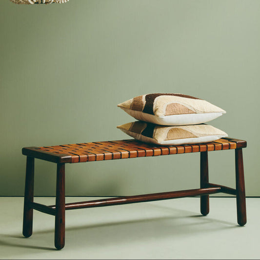 Inca Tan Leather Lattice Design Bench with Wood Frame