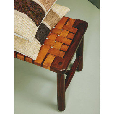 Inca Tan Leather Lattice Design Bench with Wood Frame