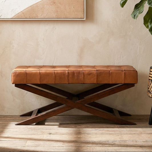 Inca Brown Genuine Leather Bench with Cedarwood Base