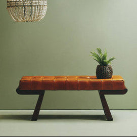 Inca Brown Genuine Leather Bench with Cedar Wood Angular Base